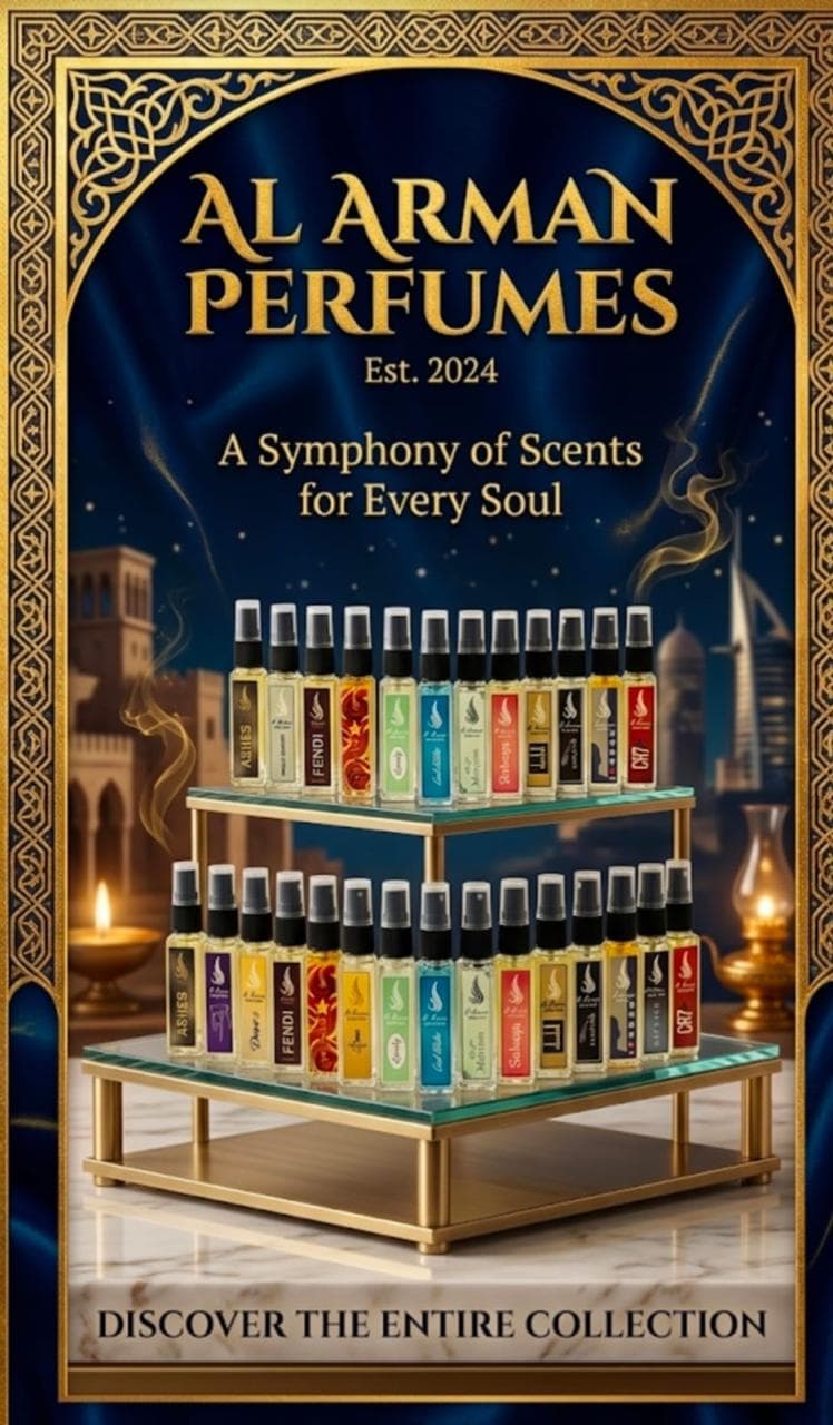Al Arman Perfumes spray collection on a gold display stand